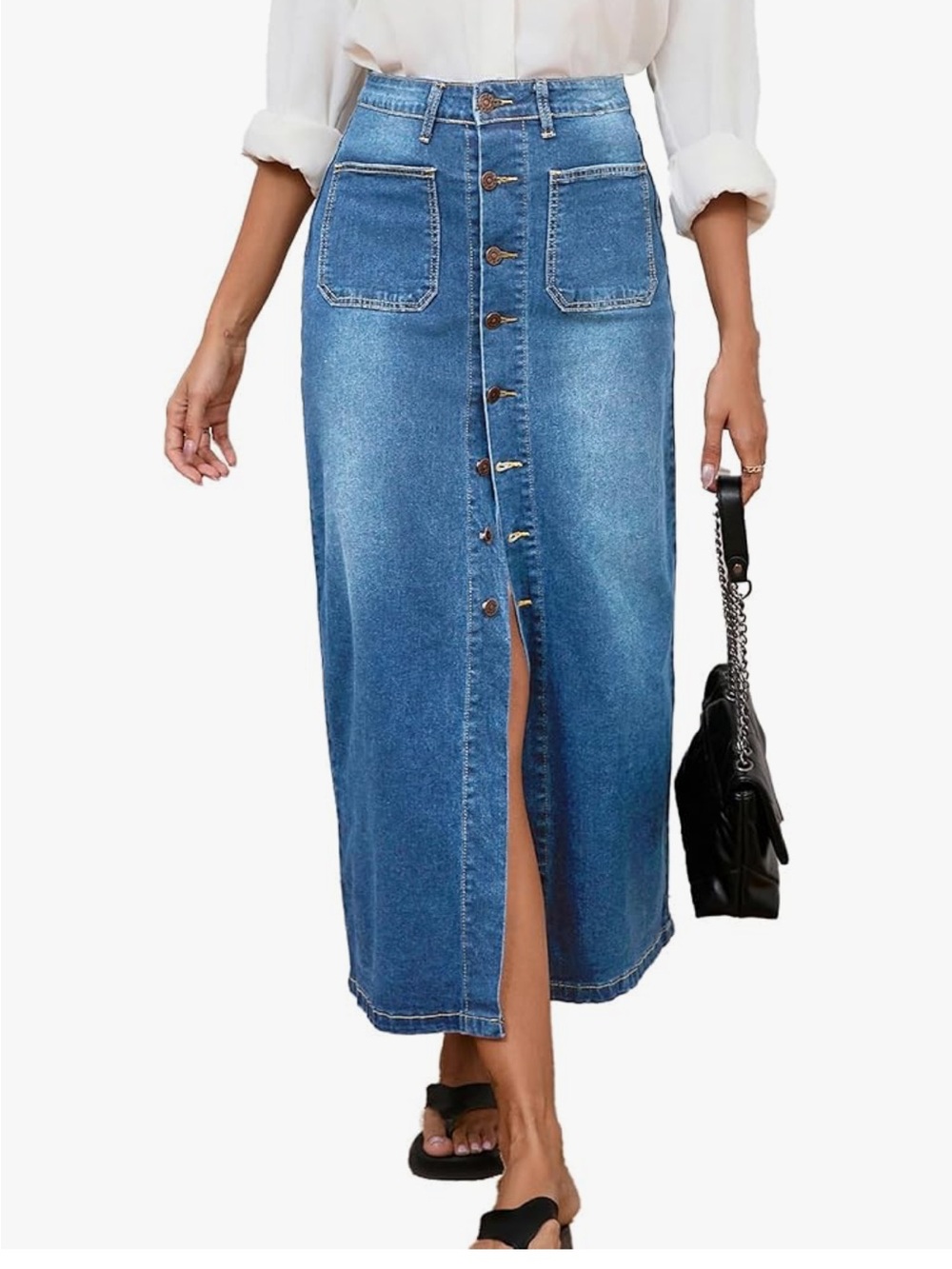 Source Unknown Blue Denim Button-Front Midi Skirt
